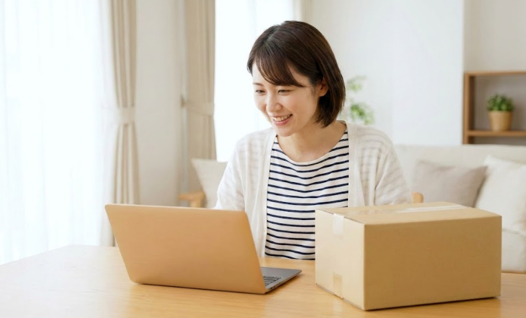 明るいリビングでノートパソコンを開き、ダイソーオンラインショップを見ている笑顔の日本人女性の写真